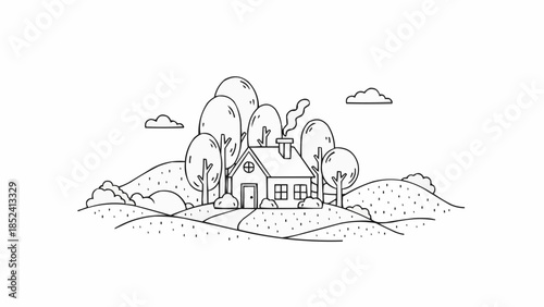 Simple Hand Drawn House and Trees Illustration.