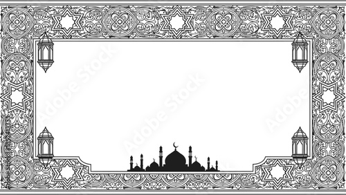 Elegant islamic frame design with mosque silhouette and intricate patterns for islamic events