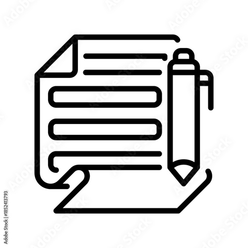 Paper with Pen Line Icon, Outline Symbol for Signature Writing, Document Signing, Formal Approval, Contract Creation, and Legal Authorization. Vector Sign Icon.