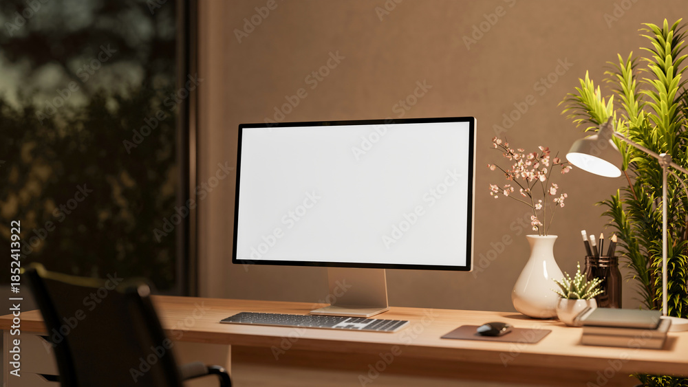 Fototapeta premium Blank screen computer with lamp and flower vase on wooden drawer table and chair in dim lit room.