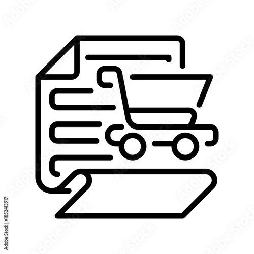 Paper with Shopping Cart Line Icon, Outline Symbol for Order Form, Purchase Receipt, Shopping List, Retail Invoice, and E-commerce Transaction. Vector Sign Icon.