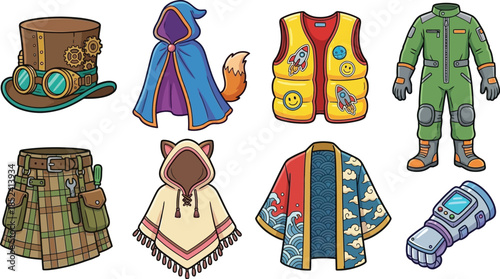 Collection of various colorful cartoon clothing and accessories on white background