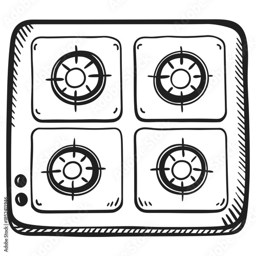 Gas stove with four burners in simple hand-drawn style  