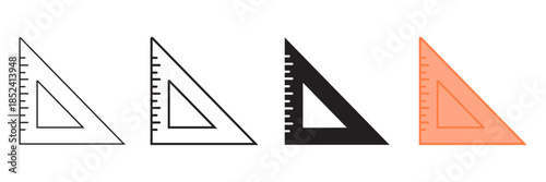 Set of minimalist set square icons with transparent background, depicting geometric measurement tools, drafting instruments for education, engineering, and design, vector illustration