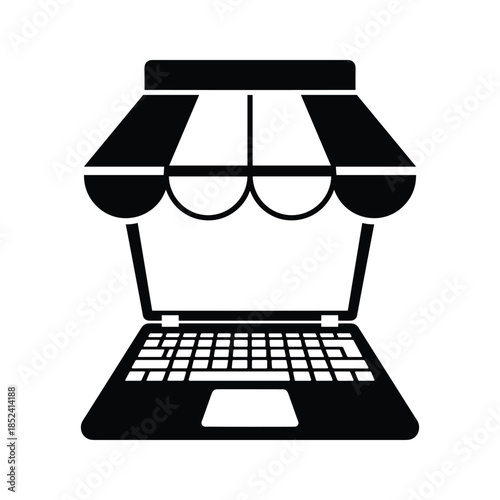 Online storefront represented by laptop with awning
