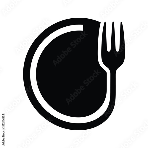 Simple black plate and fork icon on white background