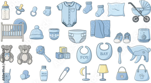 A comprehensive collection of blue-themed baby boy essentials and accessories, perfect for newborns and baby showers.