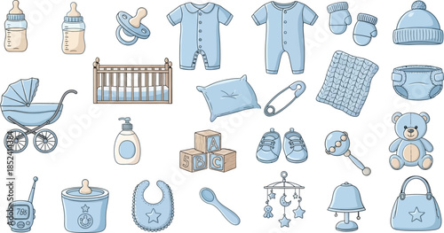 A delightful collection of essential baby boy items, featuring blue-themed clothing, accessories, and nursery supplies for a newborn.