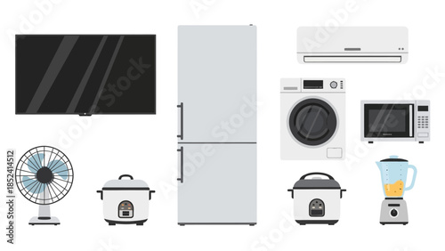 A collection of modern household electrical appliances including a TV, refrigerator, washing machine, microwave, fan, rice cookers, and blender.