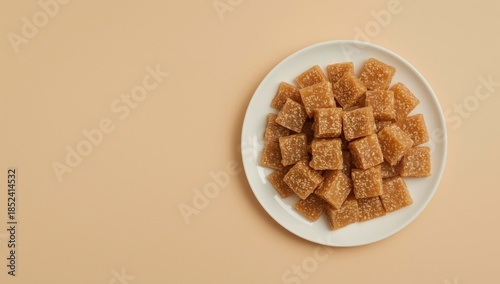 Delicious cubes of jaggery on a white plate, top view. Healthy, unrefined sugar alternative made from sugarcane juice.