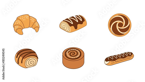 A collection of various delicious baked goods and pastries, including croissants, chocolate rolls, cinnamon buns, and eclairs.