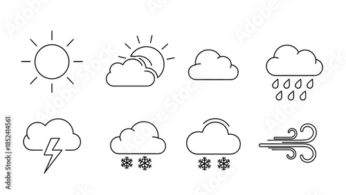 A collection of eight outline weather icons depicting various atmospheric conditions.