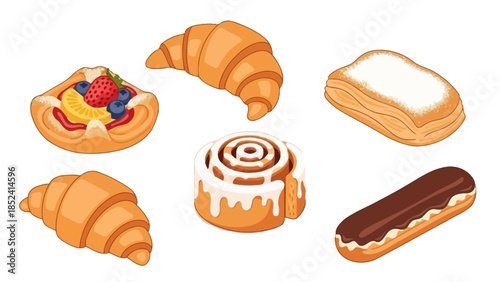 A collection of various delicious pastries including croissants, a fruit tart, a cinnamon roll, an eclair, and a powdered sugar pastry.