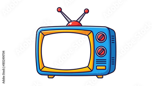 A cartoon illustration of a vintage blue television set with rabbit ear antennas on a white background.