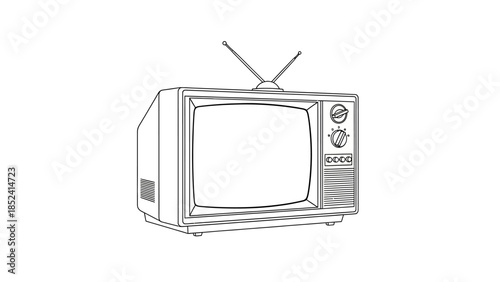 Line art illustration of a vintage television set with rabbit ear antennas on a white background.