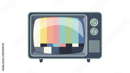 A vintage television set displaying a colorful no-signal test pattern on a white background.