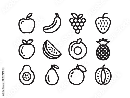 Hand-drawn fruit doodle set in black ink, featuring Apple, Banana, Grape and Avocado