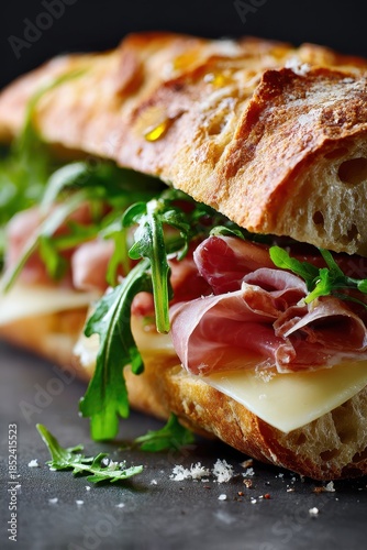 Artisan sourdough bread sandwich with ham, cheese, and lettuce on wooden board, eating, wooden.