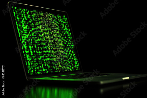 Laptop Displaying Binary Code on Screen with Green Glowing Numbers Floating Against Black Background.