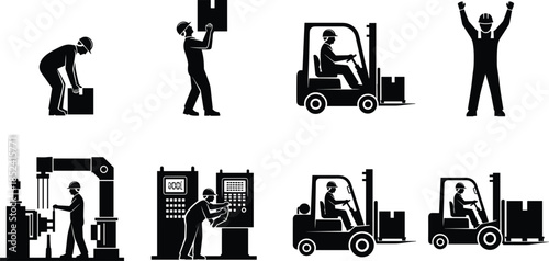 Industrial worker activity icon set, forklift operation and factory machine labor scenes, warehouse logistics workflow, manufacturing safety concepts, flat black silhouette vector illustration