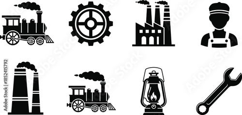 Industrial revolution icon set, factory gear steam train worker tools symbols, manufacturing history elements, black and white vector illustration isolated