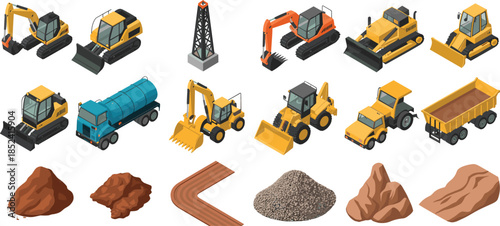 Isometric construction machinery vehicles set including excavator bulldozer loader dump truck tanker drilling rig rocks gravel vector illustration equipment icons
