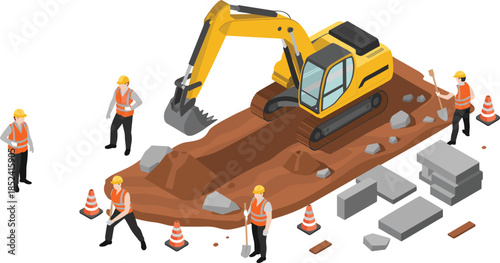Isometric construction site illustration with excavator, road workers, safety cones, heavy machinery, infrastructure development, urban repair project vector design