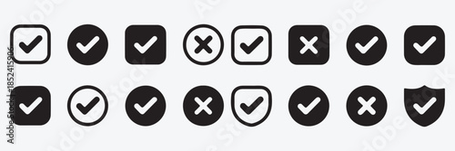 Graphic illustration of safety shield symbols with check mark and exclamation icons representing security and protection