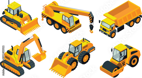 Isometric construction vehicles vector illustration set with excavator bulldozer crane dump truck loader roller heavy machinery isolated on white