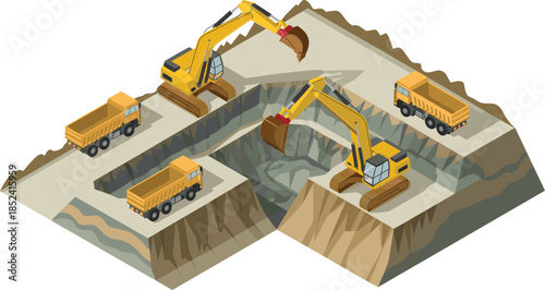 Isometric open pit mining excavation illustration with excavators and dump trucks showing layered terrain quarry vector industry concept operations equipment