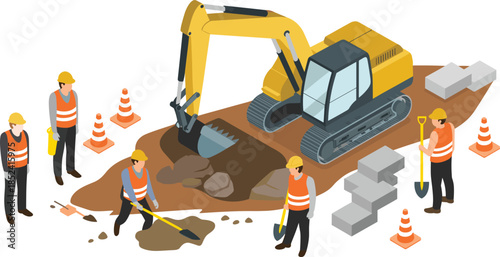 Isometric road construction illustration featuring excavator, workers, safety cones, heavy machinery, infrastructure repair, urban development vector design for transportation projects