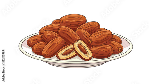 Delicious dates on a white plate with one cut open