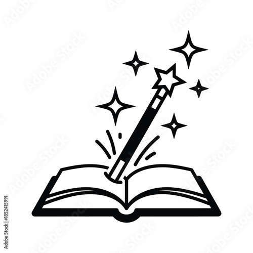 Magical pen writing over open book with sparkles