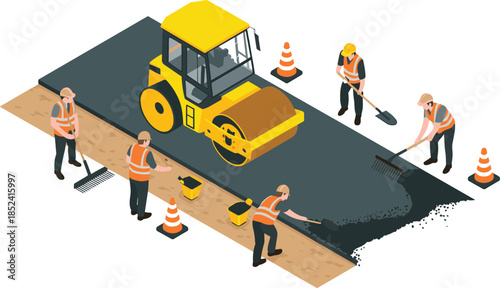 Isometric road construction illustration showing workers paving asphalt with road roller, safety cones, tools and teamwork in vector style