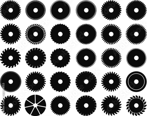 Set of circular saw blade icons, construction tool silhouettes, industrial wood cutting discs, rotating steel mill equipment, carpenter workshop hardware icons, isolated vector illustrations.