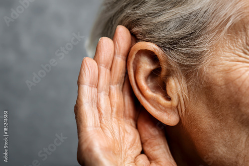 Senior woman trying to hear something on isolated background.