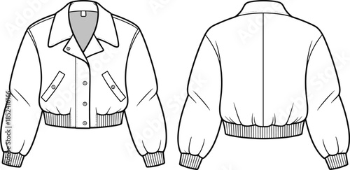 Technical CAD drawing flat vector illustration of a women's cropped bomber jacket with spread collar, ribbed hem, button closure, and welt pockets.