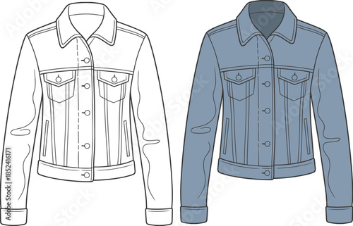 Technical CAD drawing flat vector illustration of a classic denim trucker jacket with chest pockets, button front closure, and topstitch details