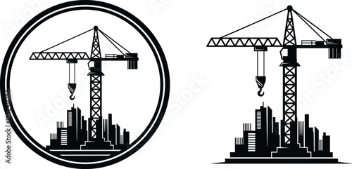 Tower crane city silhouette vector illustration, urban construction lifting machinery icon with skyline for industrial building engineering and real estate development design