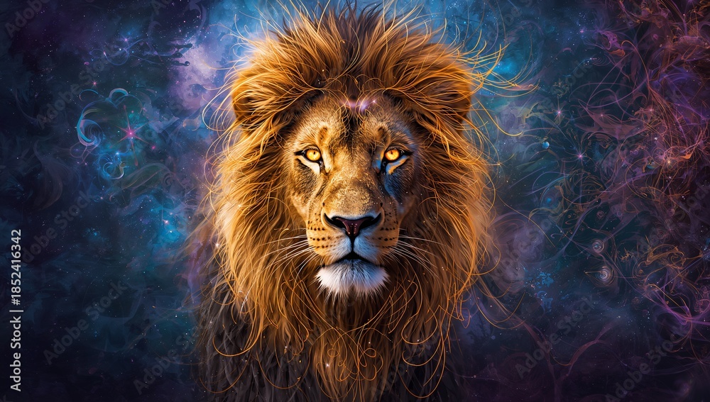 Fototapeta premium Abstract digital illustration of a majestic lion with glowing golden lines, fractal patterns, and a cosmic background. Powerful surreal artwork symbolizing strength, energy, and creativity for modern 