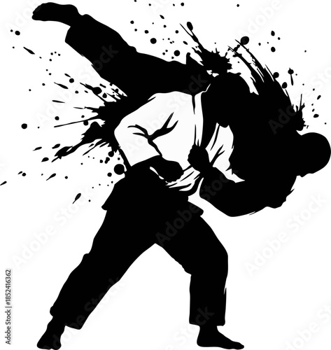 Judo Shoulder Throw Silhouette. Dynamic Ink Splatter Vector for Asian Games 2026