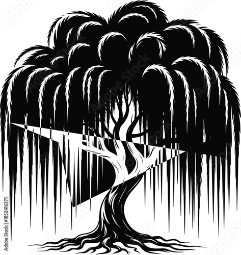 Weeping willow tree silhouette vector illustration, dramatic cascading branches and flowing foliage, elegant botanical nature symbol, modern decorative landscape artwork isolated