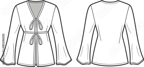 Women blouse technical fashion drawing, front and back view garment outline, long sleeve top design, apparel cad flat vector illustration