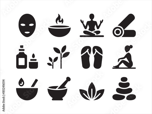 Meditation and wellness silhouette icons set, Spa Wellness Icons. Solid, filled icon set vector illustration