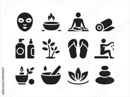 Meditation and wellness silhouette icons set, Spa Wellness Icons. Solid, filled icon set vector illustration
