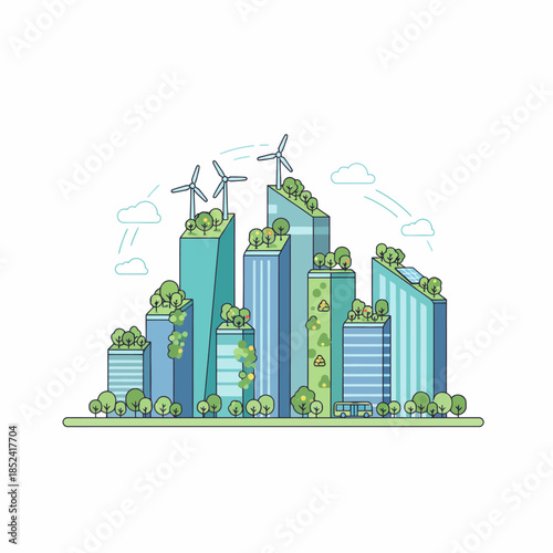 Vibrant flat illustration of an eco-friendly city skyline, featuring green sustainable buildings, rooftop gardens, and wind turbines symbolizing urban sustainability and clean energy
