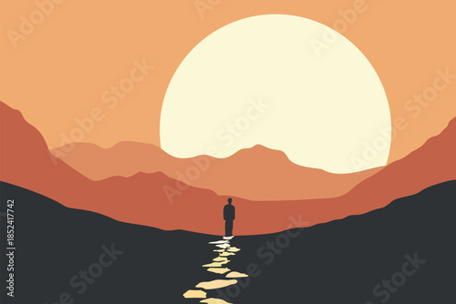 Lone man walking along stone path toward giant sunset over mountains, minimal flat vector landscape illustration symbolizing journey, new beginnings, determination and life choices.