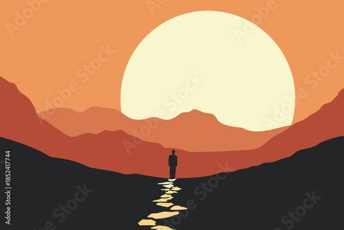 Lone man walking along stone path toward giant sunset over mountains, minimal flat vector landscape illustration symbolizing journey, new beginnings, determination and life choices.