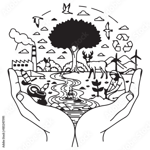 Conceptual Line Art Illustration: Hands Holding Nature and Industrial Impact