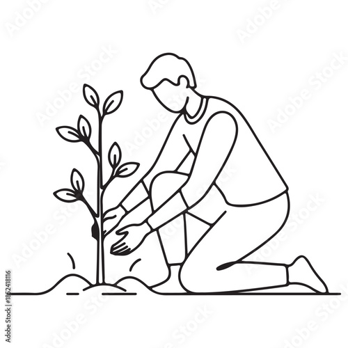 Minimalist Line Art Illustration of Person Kneeling Planting a Tree